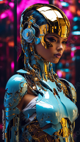 A robotic woman with a gleaming gold and sky-blue exoskeleton, her gaze serene amidst vibrant neon lights.