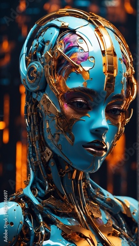 A majestic metropolis maiden with a smooth, metallic visage, accented by hues of reflective gold and iridescent blue
