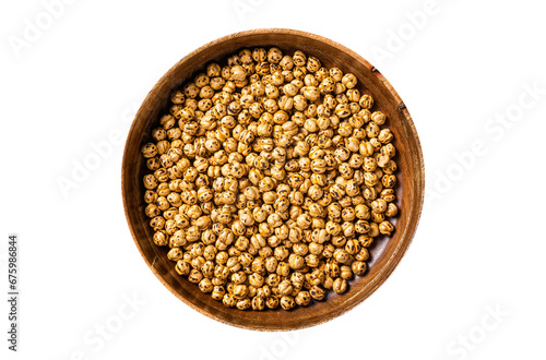 Arabic dish Roasted chickpeas in a wooden plate.  Transparent background. Isolated