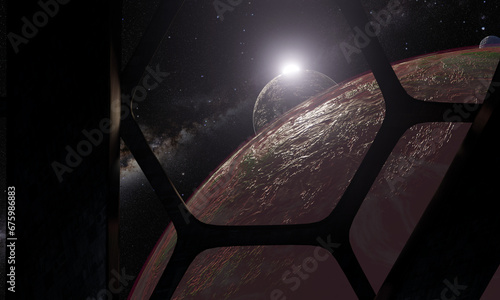 Window view of Space from a Space Station, 3D illustration, Planet, Star, Space.