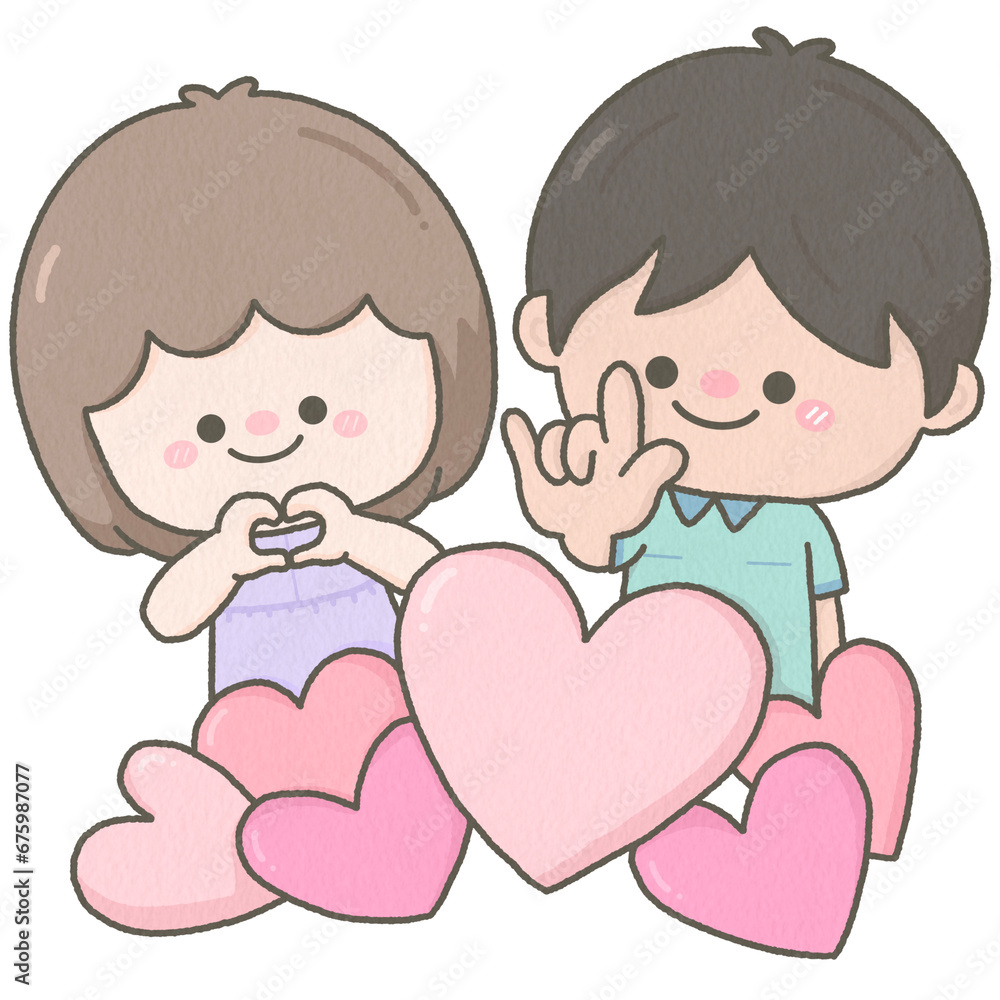 Cute pastel romantic couple making finger heart shape Cute pastel romantic couple making finger heart shape
