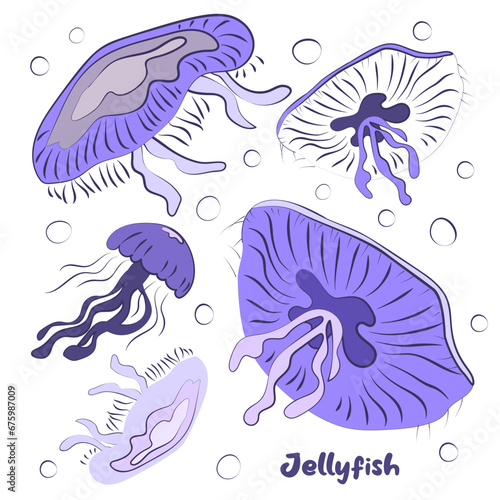 Artistic vector illustration of jellyfish. Hand drawn marine life. 
lilac and blue colors. Graphics, line, textures