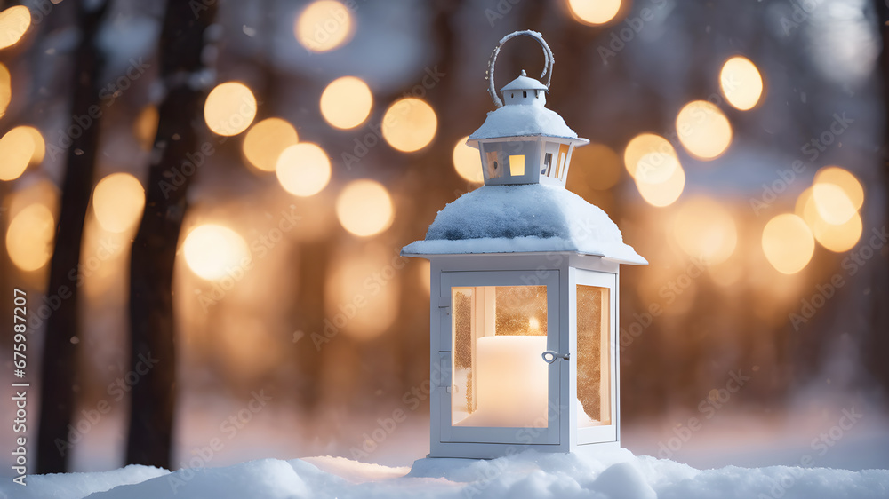 Fototapeta premium Winter background with Christmas decoration with a white lantern in the snow with beautiful bokeh. Generative Ai 
