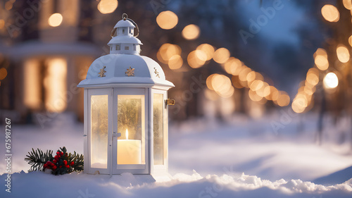 Winter background with Christmas decoration with a white lantern in the snow with beautiful bokeh. Generative Ai  © niki spasov