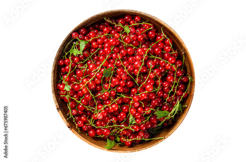 Ripe Red currant berries in a wooden plate. Transparent background. Isolated