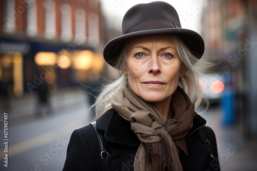 Mature woman in hat and scarf looking at camera in the city © Nerea