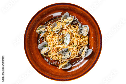 Italian seafood Spaghetti pasta with clams  in a rustic plate.  Transparent background. Isolated photo