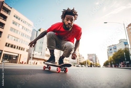 young African American man skateboarding in the city