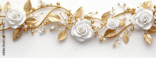 Banner of golden roses and holly leaves, background with Valentine's day pattern on a white background, small silver and gold beads.