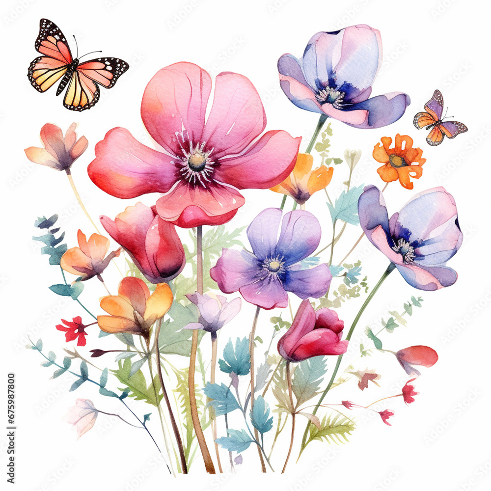 flowers and butterflies Watercolor clipart