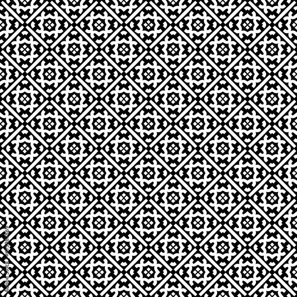 Black and white seamless abstract pattern. Background and backdrop. Grayscale ornamental design. Mosaic ornaments. Vector graphic illustration. EPS10.