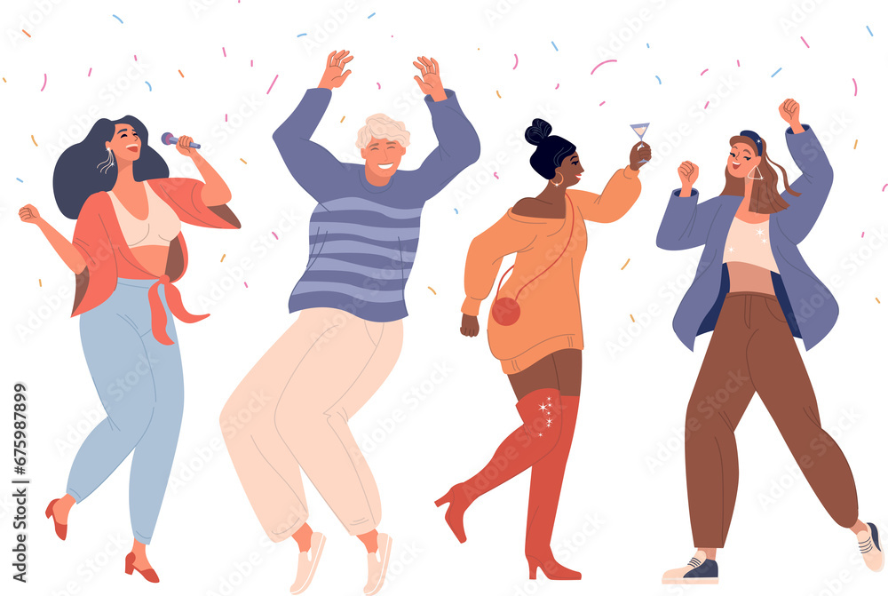 Obraz premium Happy young people at holiday party. Friends dancing, having fun together. Young men and women characters group, youth celebrating event