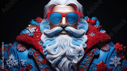  a close up of a statue of santa claus wearing red sunglasses and a blue suit with red and white trim. generative ai