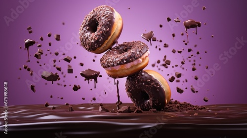  a pile of chocolate donuts with sprinkles coming out of them on top of a purple surface. generative ai