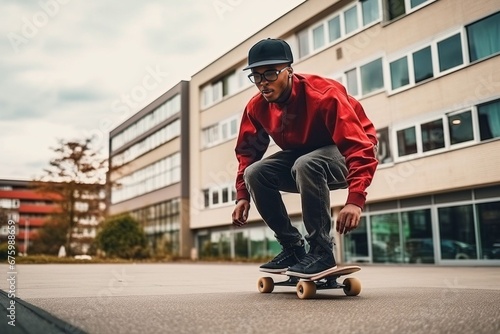 young African American man skateboarding in the city