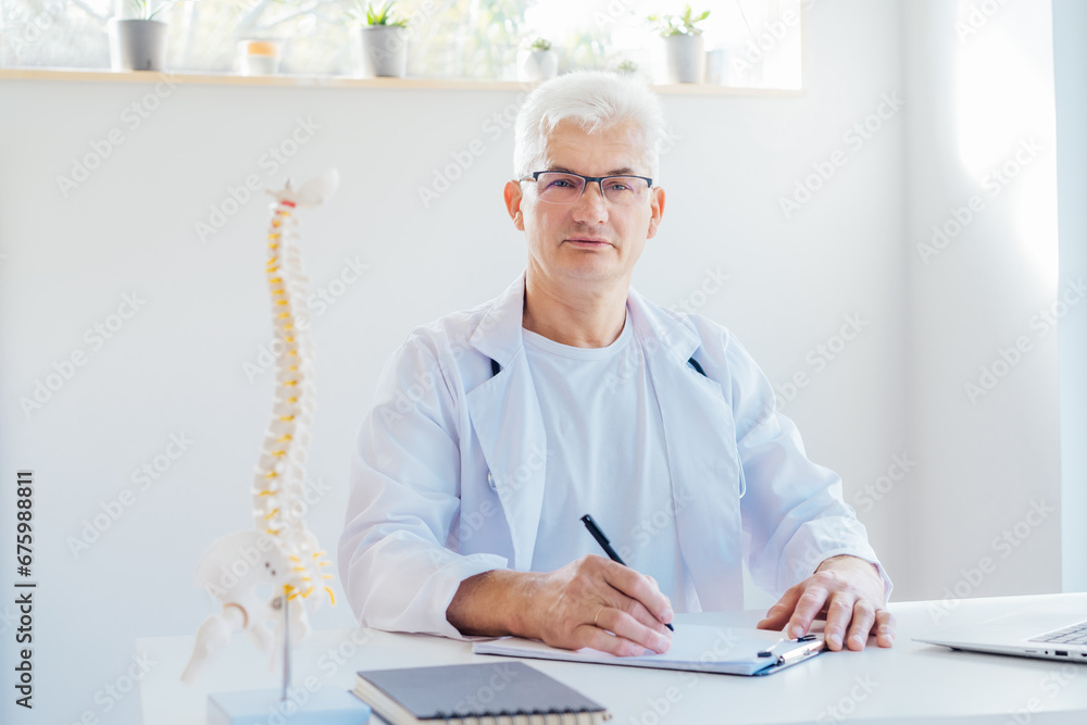 Portrait of Middle aged male doctor and human spine model on the working place in medical clinic office. Spinal healthcare and back pain treatment concept. Selective focus, copy space Portrait of Middle aged male doctor and human spine model on the working place in medical clinic office. Spinal healthcare and back pain treatment concept. Selective focus, copy space