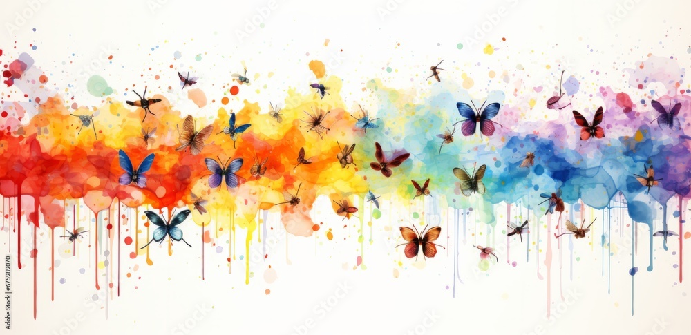 Colourful Butterflies Dance on a Vibrant Canvas of Artistic Expression. A colourful painting with butterflies on it as well as colourful splotches of dripping paint