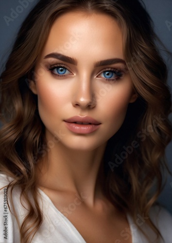 Close-up portrait of a beautiful brunette with loose hair. Beautiful young woman. Casual portrait, positive angel view, agency model.Digital painting, illustration. Generative AI