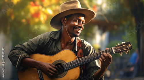 Portrait of a black Colombian musician playing guitar in the park