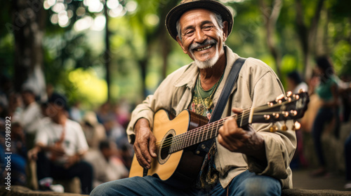 Contagious smile of a Colombian man playing guitar in a public park