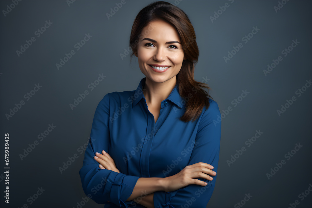 Happy young smiling confident professional business woman wearing blue shirt, pretty stylish female executive looking at camera, standing arms crossed isolated at gray background, Generative AI Happy young smiling confident professional business woman wearing blue shirt, pretty stylish female executive looking at camera, standing arms crossed isolated at gray background, Generative AI