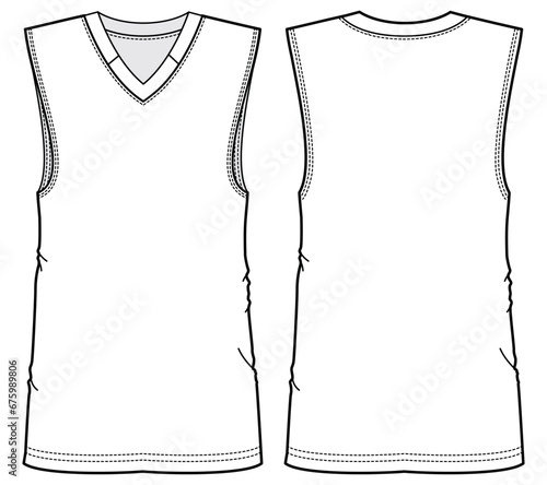 Men's Basketball sleeveless T Shirt vest flat sketch fashion illustration drawing template mock up with front and back view. Basketball jersey Tank top cad drawing template photo