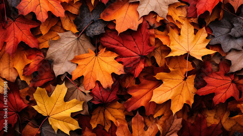 Autumn Season Overhead Close-Up of Densely Packed, Vibrantly Colored Autumn Leaves Creating a Rich Texture and Lush Display of Fall Hues.