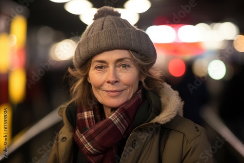 Portrait of a beautiful mature woman in winter hat and scarf at night