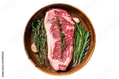 Fresh new york strip beef meat steak or striploin in a wooden plate with herbs. Transparent background. Isolated