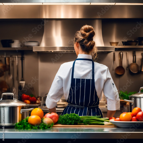 Back view of young female chef in uniform standing in kitchen at restaurant