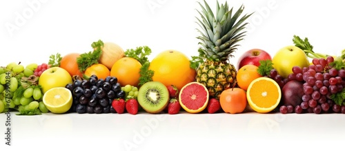 In the isolated white background of nature the vibrant colors of organic fruits and vegetables stand out showcasing their inherent health benefits as they provide a sweet and antioxidant ric