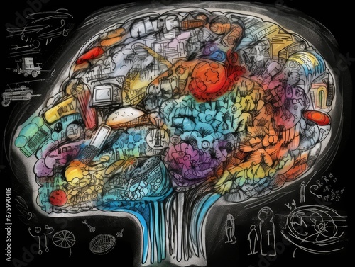 Human Brain AI Colorful Doodle Illustration, Brain learning new soft skills and hard skills through accumulating and learning new knowledge and understanding input through knowledge transfer photo