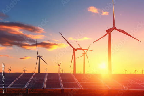 Wind Turbine and Solar Panel System at Sunset. ai generative