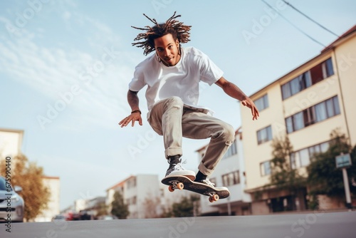 young African American man skateboarding in the city