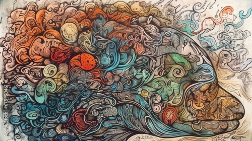 human brain anatomy, human mind model, left and right cerebral brain hemisphere, creative mind, colorful, mindset, abstract thinking, neural learning, artistical drawing of human brain