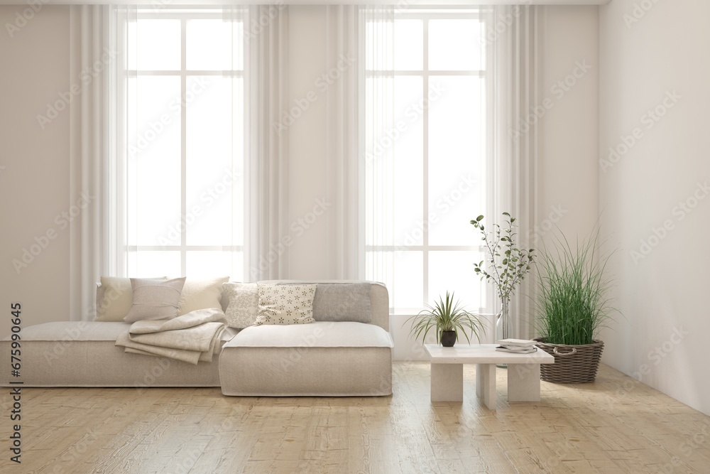 Fototapeta premium White living room with sofa. Scandinavian interior design. 3D illustration