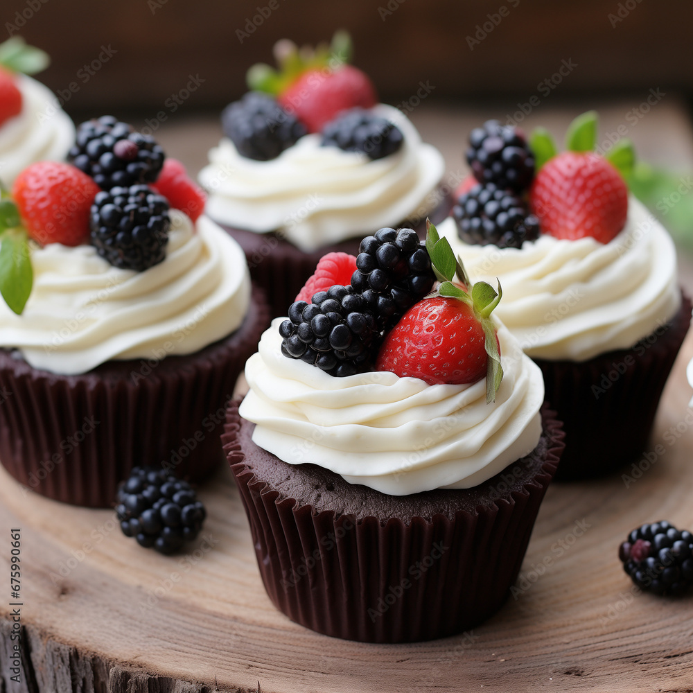 Chocolate cupcakes with cream cheese frosting and fresh berries 