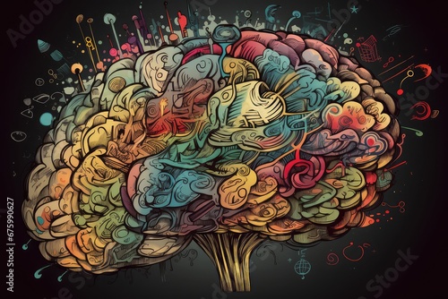 Wallpaper background with a whimsical line art of a brain, human brain anatomy, human mind model, left cerebral hemisphere, brain hemisphere, creative, colorful, abstract thinking, neural leraning photo