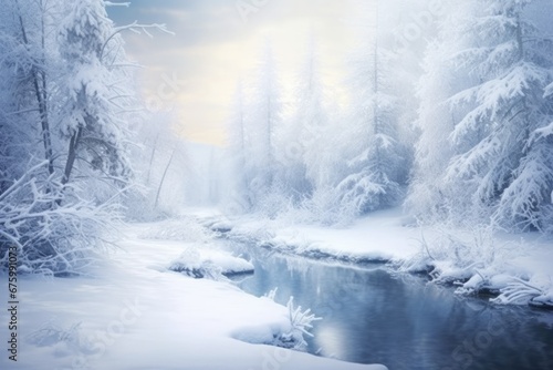 Mystical Snow Landscape: Scenic Winter Wonderland with Christmas Magic and Freshly Fallen Snow © AIGen