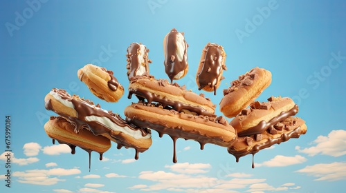  a bunch of doughnuts flying in the air with chocolate drizzled on them and drizzled on them.  generative ai