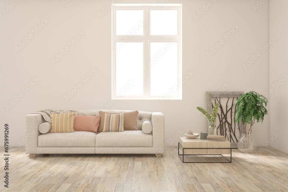 Fototapeta premium White living room with sofa. Scandinavian interior design. 3D illustration