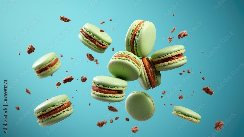 a group of macaroons flying through the air on top of a blue background with other macaroons in the air. generative ai a group of macaroons flying through the air on top of a blue background with other macaroons in the air. generative ai