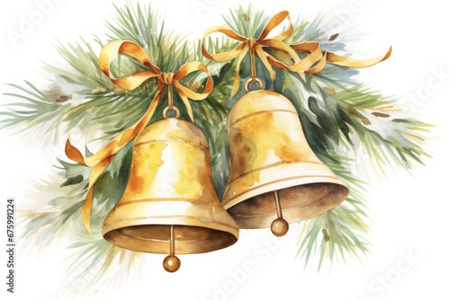 Watercolor Christmas Bells. Festive Holiday Illustration of Golden Bells in Hand-Painted Watercolor Design