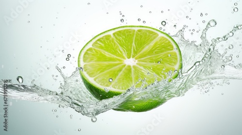  a lime falling into the water with a splash of water on the side of the image and a slice of lime in the middle of the water. generative ai
