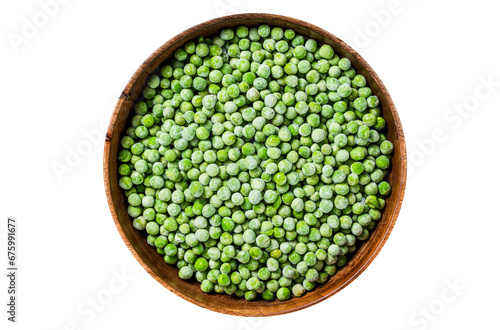 Cold Frozen green peas in a wooden plate. Transparent background. Isolated