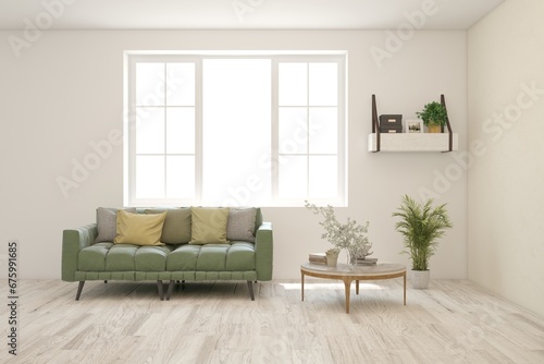 White modern interior design with sofa. Scandinavian interior design. 3D illustration