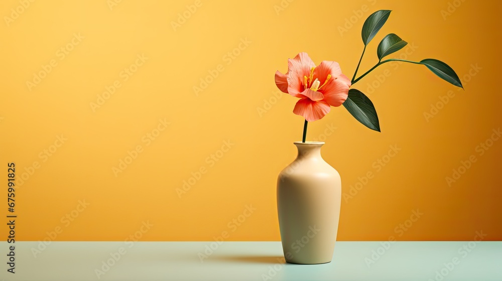  a vase with a flower in it sitting on a table next to a yellow wall and a yellow wall behind it.  generative ai