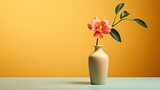  a vase with a flower in it sitting on a table next to a yellow wall and a yellow wall behind it.  generative ai