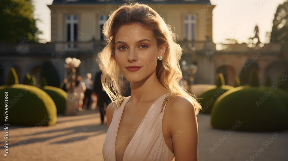 Graceful Young Woman in Elegant Dress at Sunset in Formal Garden