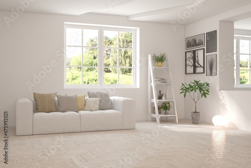 Bright interior design with modern furniture and summer landscape in window. 3D illustration